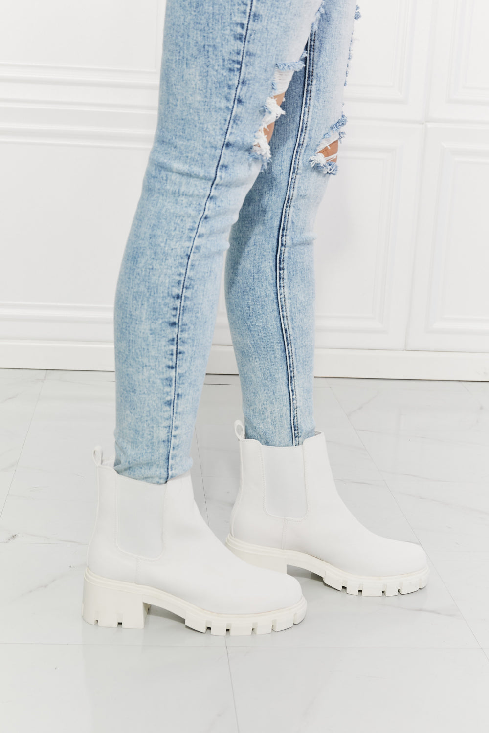 MMShoes Work For It Matte Lug Sole Chelsea Boots in White, featuring a stylish matte finish, round toe, and durable lug sole design.