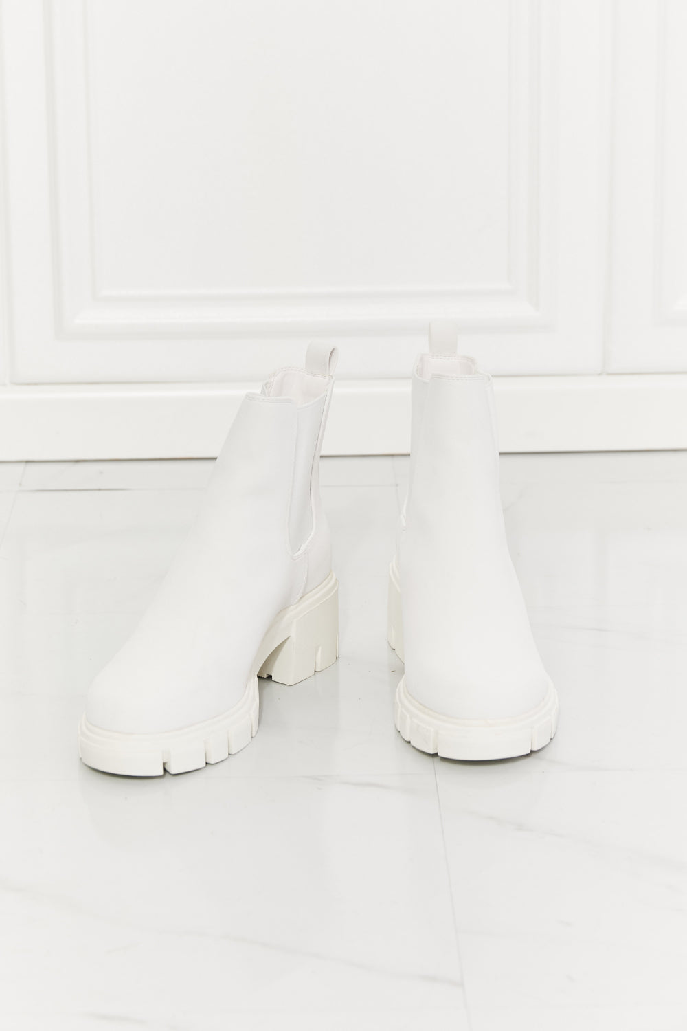 MMShoes Work For It Matte Lug Sole Chelsea Boots in White, featuring a stylish matte finish, round toe, and durable lug sole design.