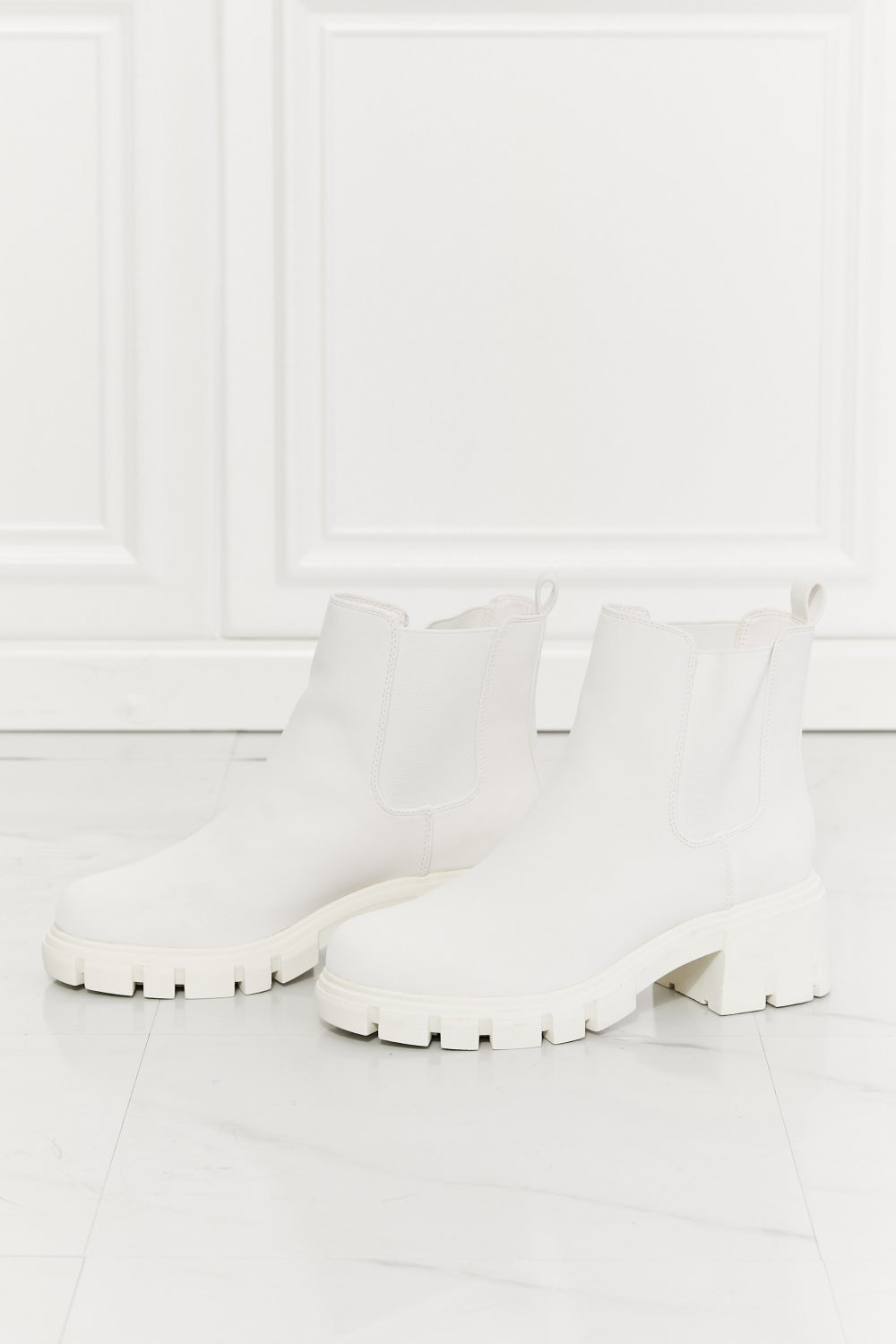 MMShoes Work For It Matte Lug Sole Chelsea Boots in White, featuring a stylish matte finish, round toe, and durable lug sole design.