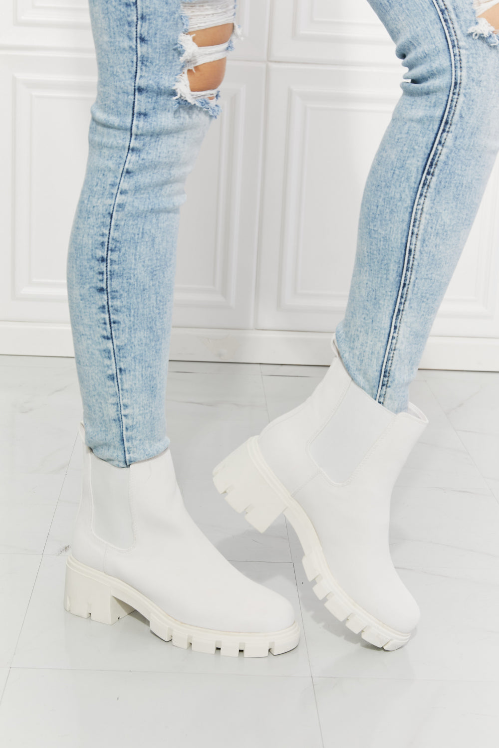 MMShoes Work For It Matte Lug Sole Chelsea Boots in White, featuring a stylish matte finish, round toe, and durable lug sole design.