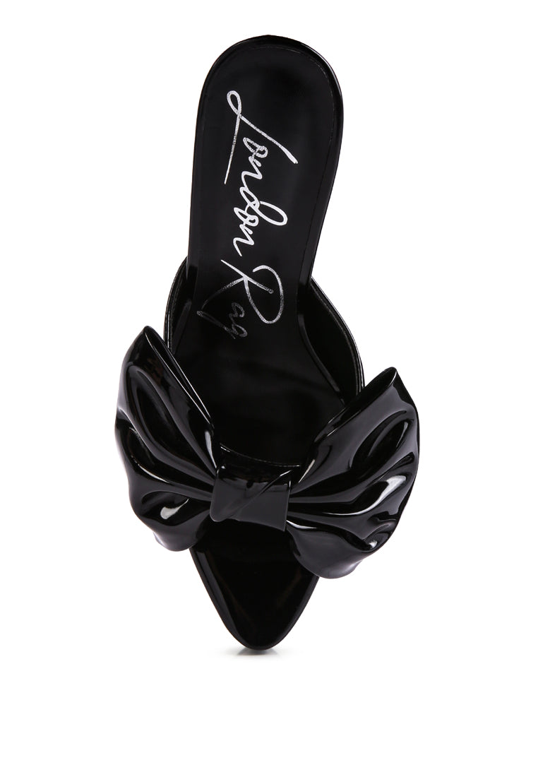 My Time Bow Embellished Stiletto Sandal featuring a glossy patent PU finish and oversized bow detail, perfect for evening wear.