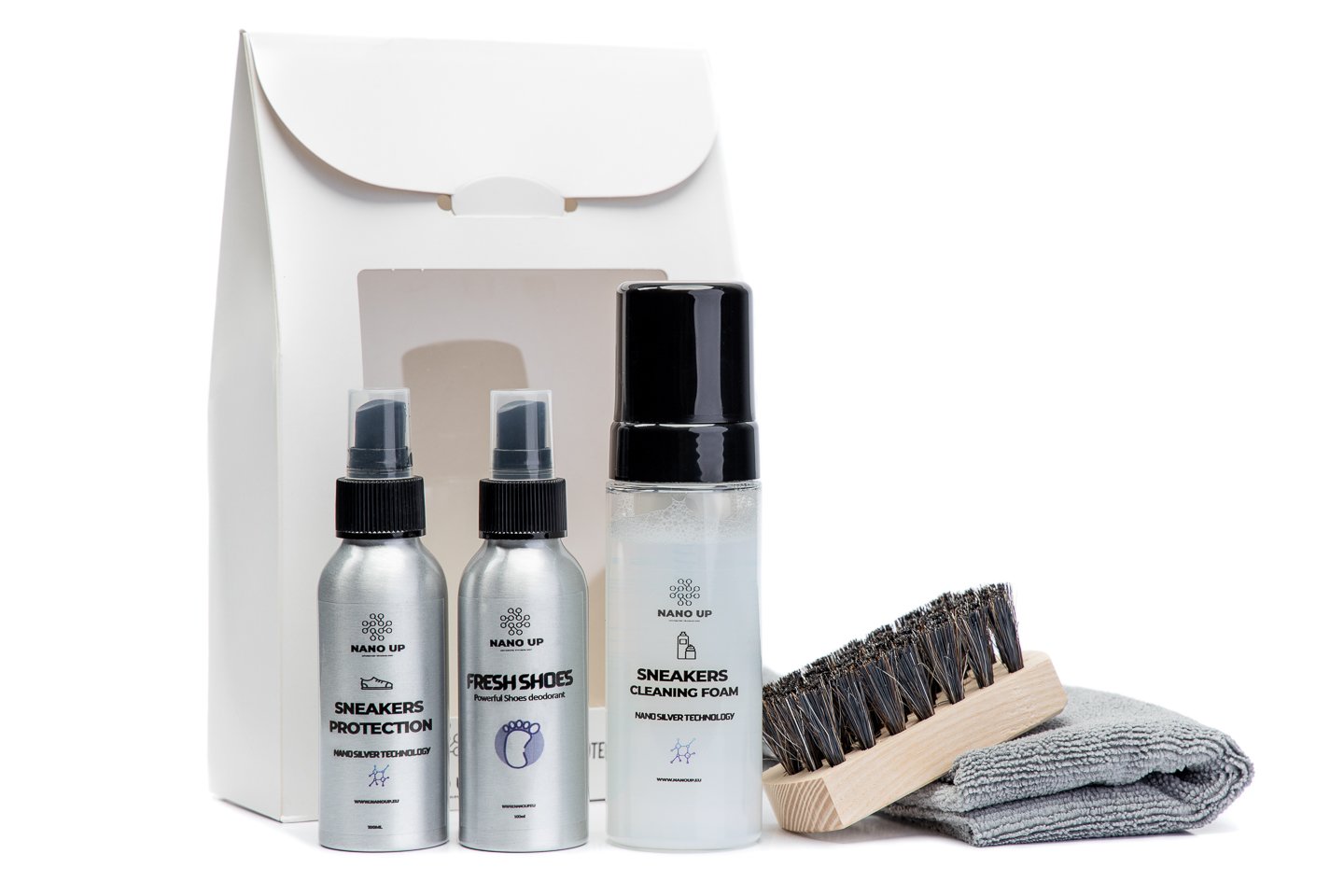 NANO UP Sneakers Cleaner & Protection Kit including cleaning foam, deodorant, waterproofing agent, brush, and microfiber cloth.