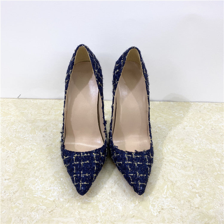 A pair of elegant New Woven High Heels with a 12CM pointed toe design, showcasing a stylish woven texture and a sleek silhouette.