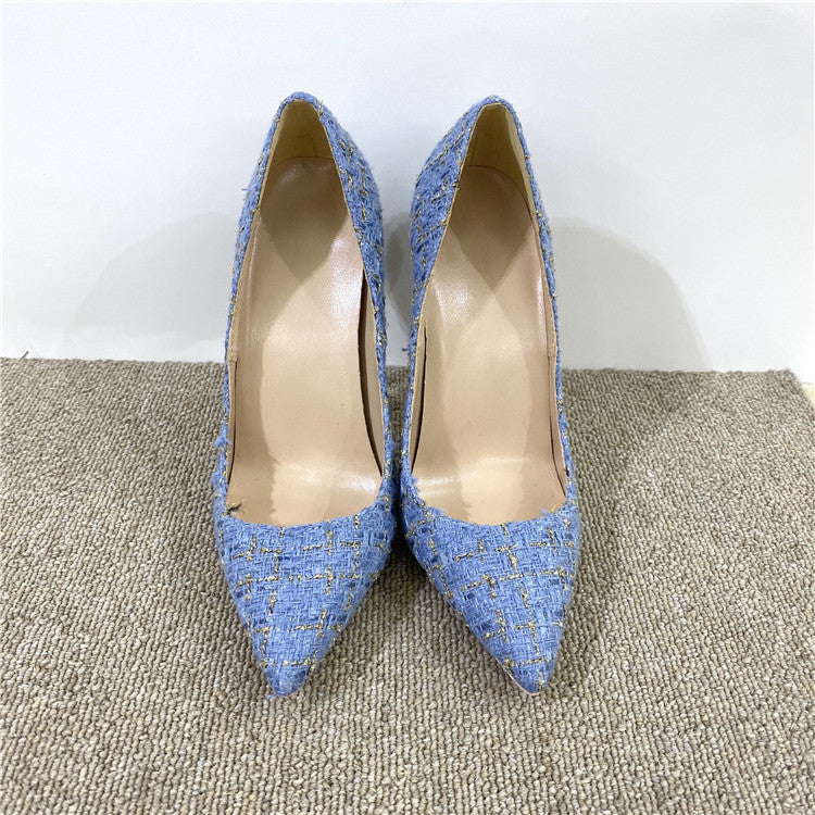 A pair of elegant New Woven High Heels with a 12CM pointed toe design, showcasing a stylish woven texture and a sleek silhouette.