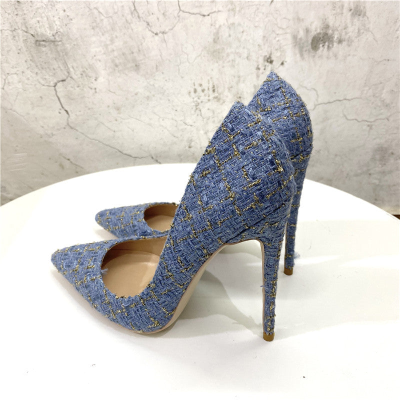 A pair of elegant New Woven High Heels with a 12CM pointed toe design, showcasing a stylish woven texture and a sleek silhouette.