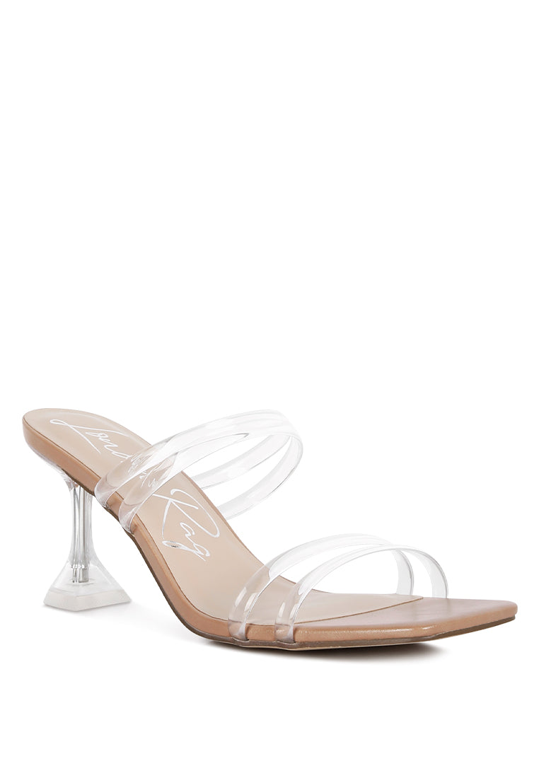 Elegant Nightfall Clear Spool Heel Sandal featuring clear PU straps and a spool heel, perfect for casual parties.