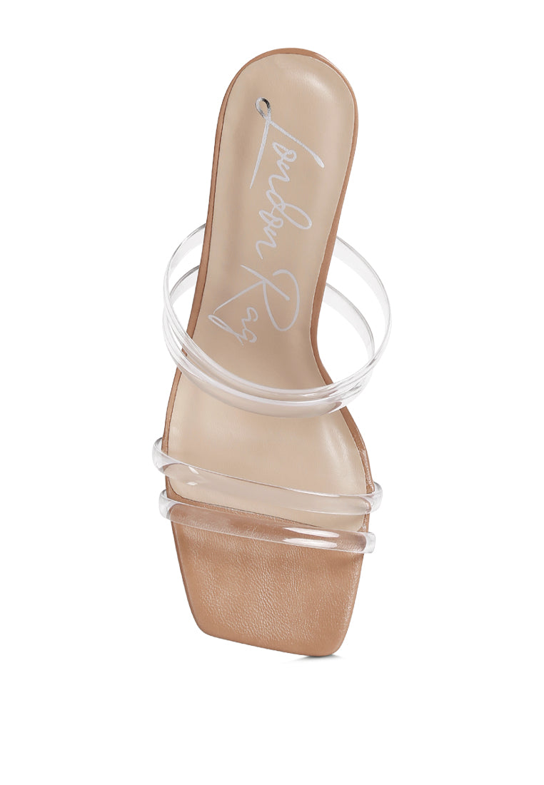 Elegant Nightfall Clear Spool Heel Sandal featuring clear PU straps and a spool heel, perfect for casual parties.