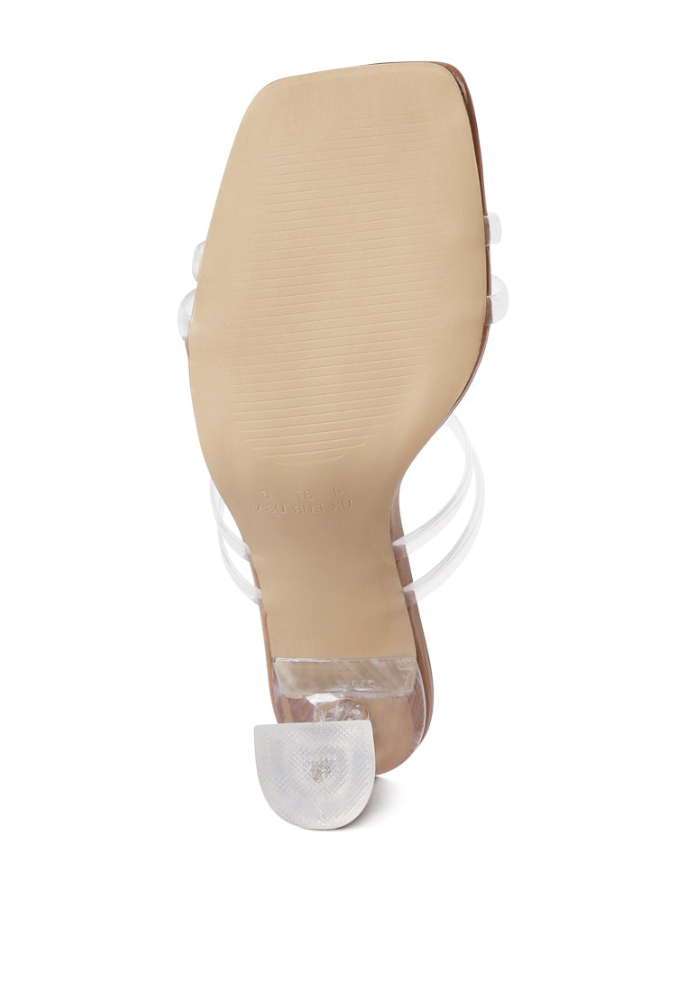 Elegant Nightfall Clear Spool Heel Sandal featuring clear PU straps and a spool heel, perfect for casual parties.