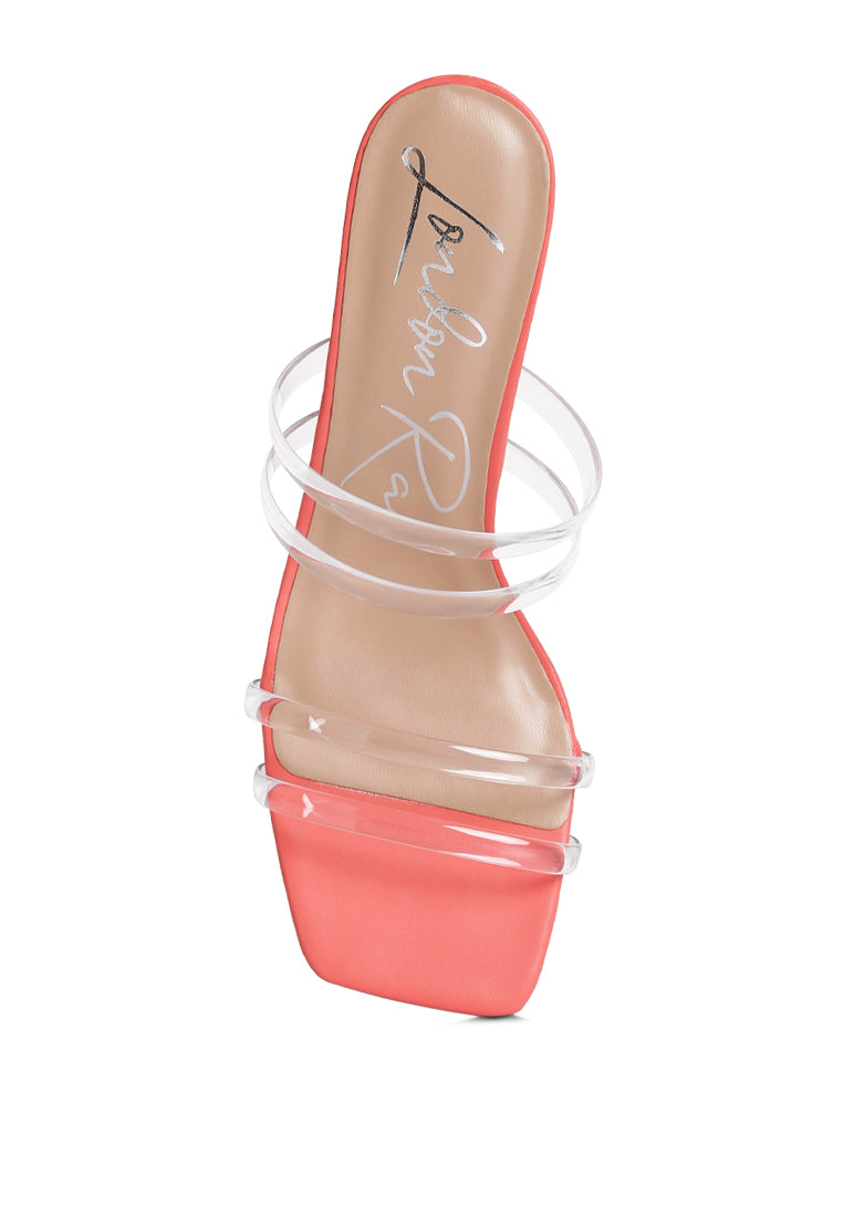 Elegant Nightfall Clear Spool Heel Sandal featuring clear PU straps and a spool heel, perfect for casual parties.