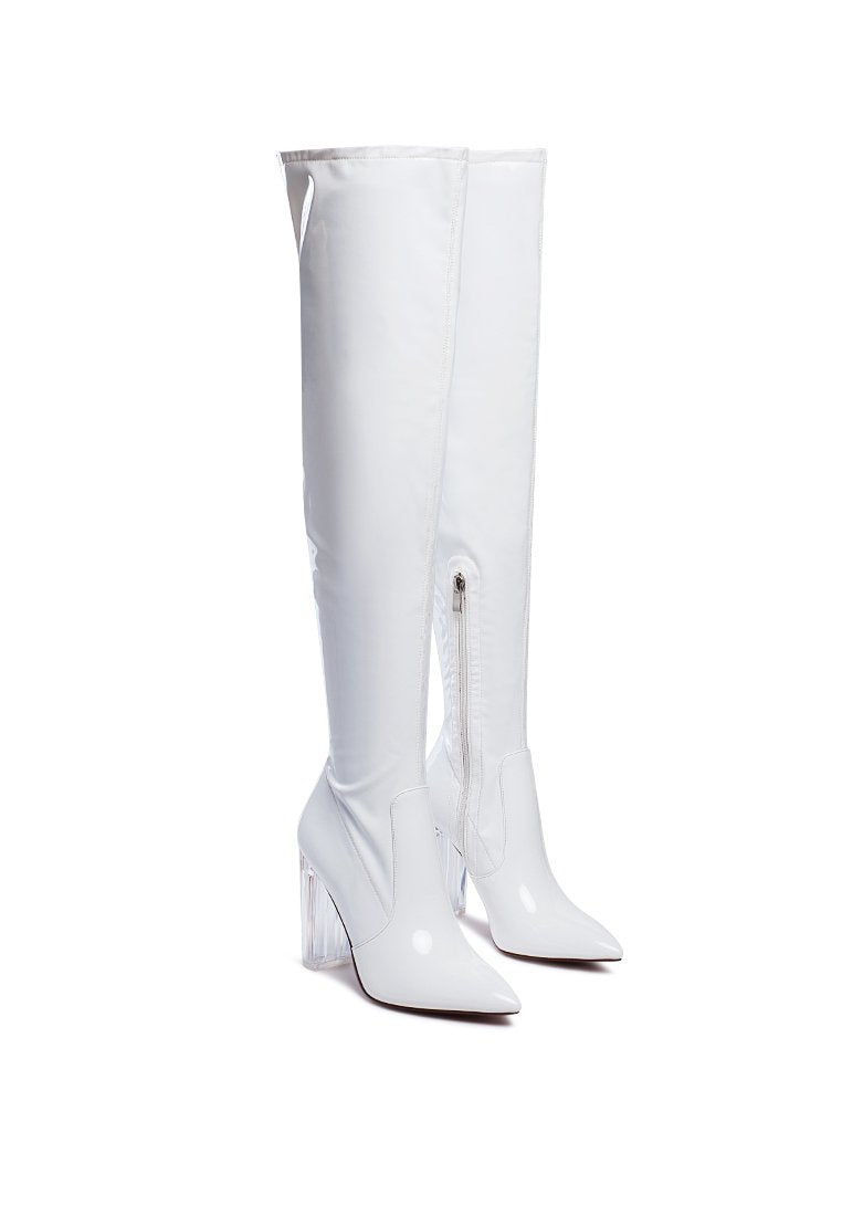 Noire Thigh High Long Boots in Patent PU with clear block heels, showcasing a sleek and glossy finish, perfect for winter fashion.