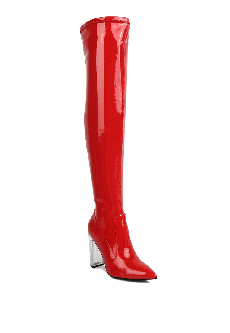 Noire Thigh High Long Boots in Patent PU with clear block heels, showcasing a sleek and glossy finish, perfect for winter fashion.