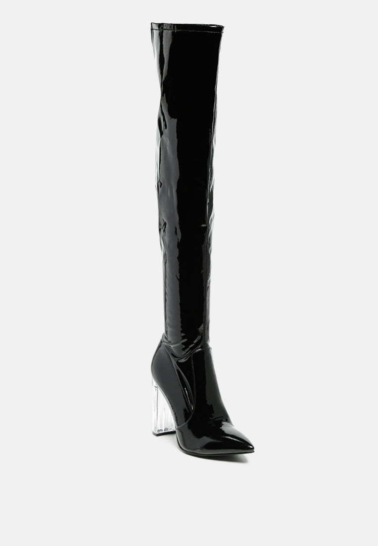 Noire Thigh High Long Boots in Patent PU with clear block heels, showcasing a sleek and glossy finish, perfect for winter fashion.