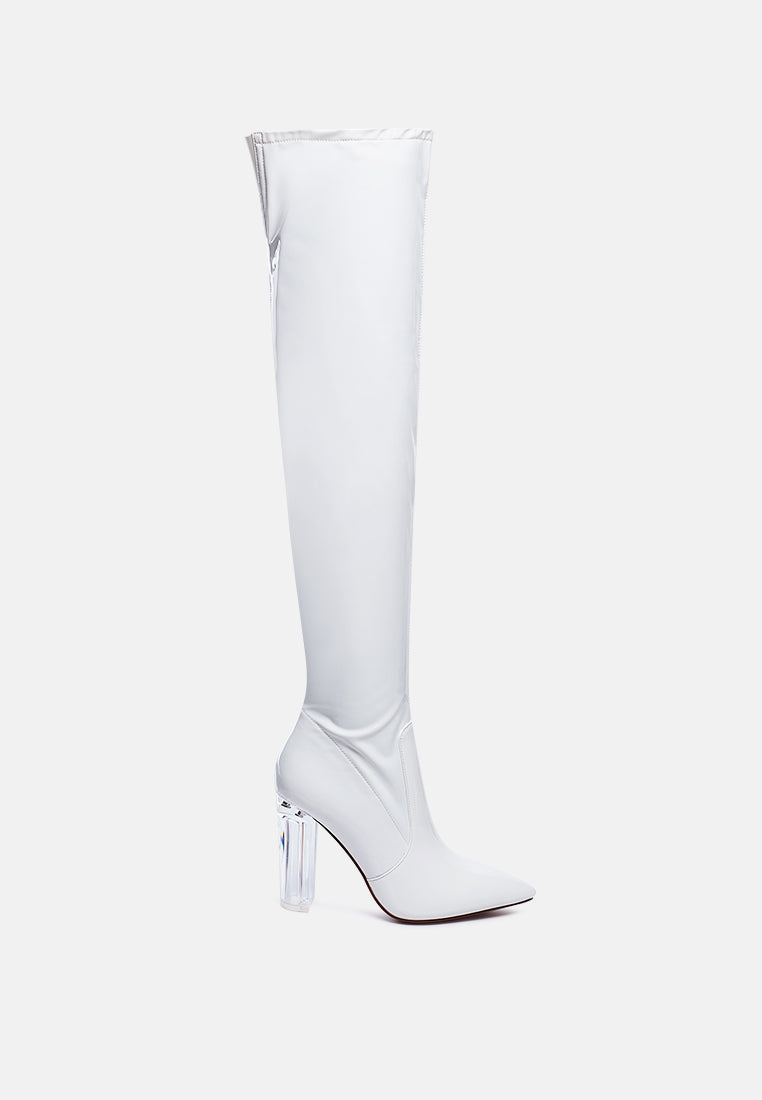 Noire Thigh High Long Boots in Patent PU with clear block heels, showcasing a sleek and glossy finish, perfect for winter fashion.