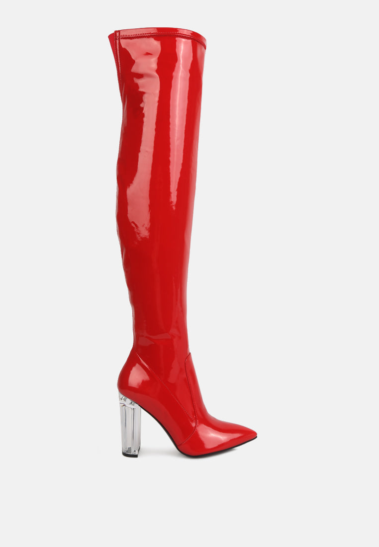 Noire Thigh High Long Boots in Patent PU with clear block heels, showcasing a sleek and glossy finish, perfect for winter fashion.