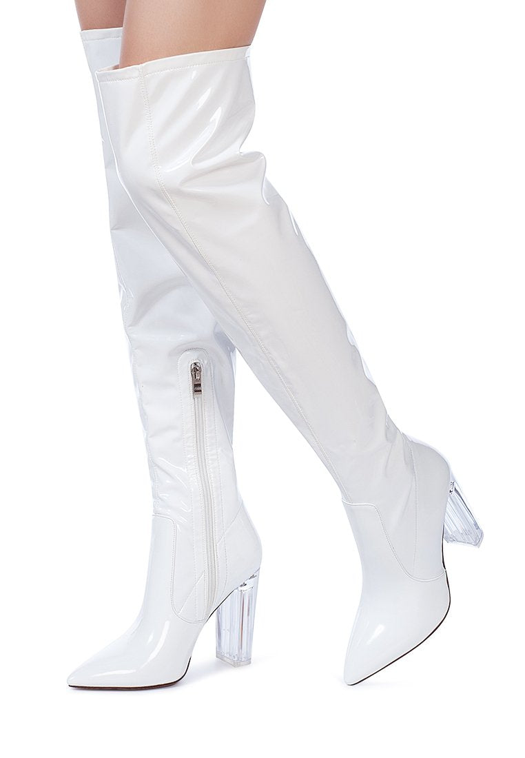 Noire Thigh High Long Boots in Patent PU with clear block heels, showcasing a sleek and glossy finish, perfect for winter fashion.