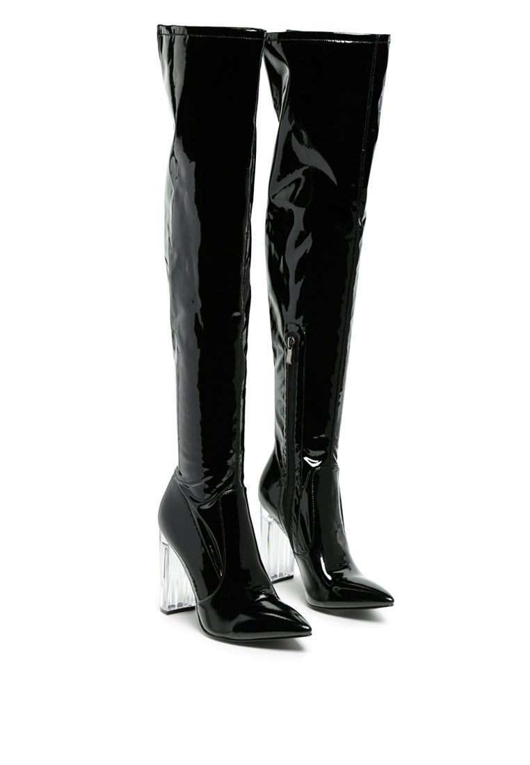 Noire Thigh High Long Boots in Patent PU with clear block heels, showcasing a sleek and glossy finish, perfect for winter fashion.