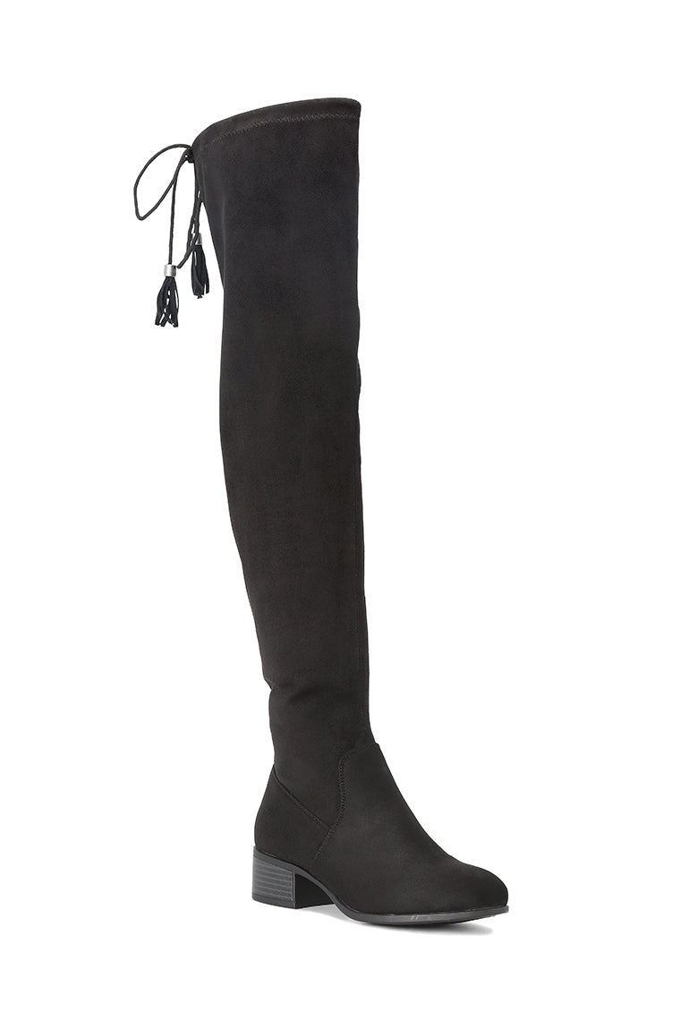 Nople Knee Boots with Drawstring, featuring a stylish knee-length design, low heels, and adjustable drawstring for a comfortable fit.