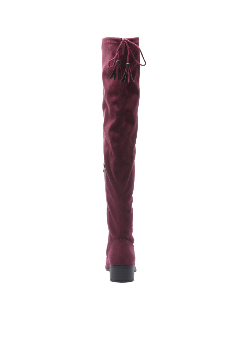 Nople Knee Boots with Drawstring, featuring a stylish knee-length design, low heels, and adjustable drawstring for a comfortable fit.