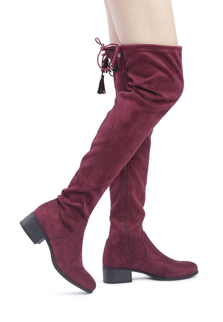 Nople Knee Boots with Drawstring, featuring a stylish knee-length design, low heels, and adjustable drawstring for a comfortable fit.