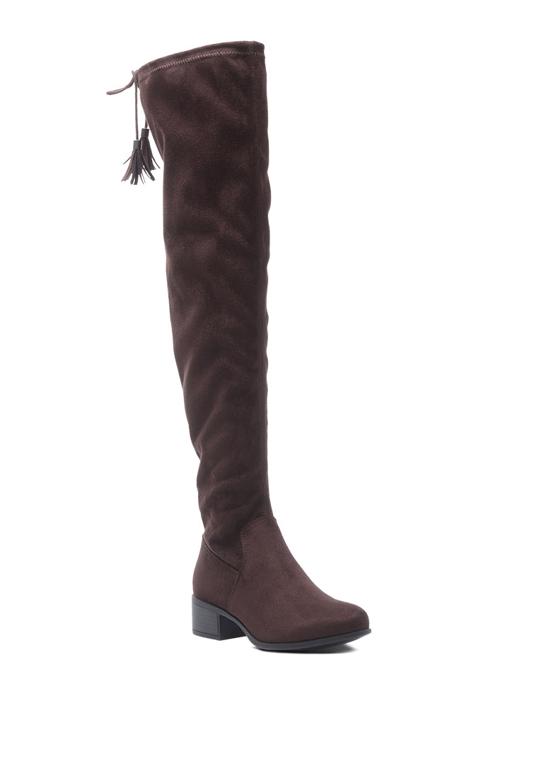 Nople Knee Boots with Drawstring, featuring a stylish knee-length design, low heels, and adjustable drawstring for a comfortable fit.