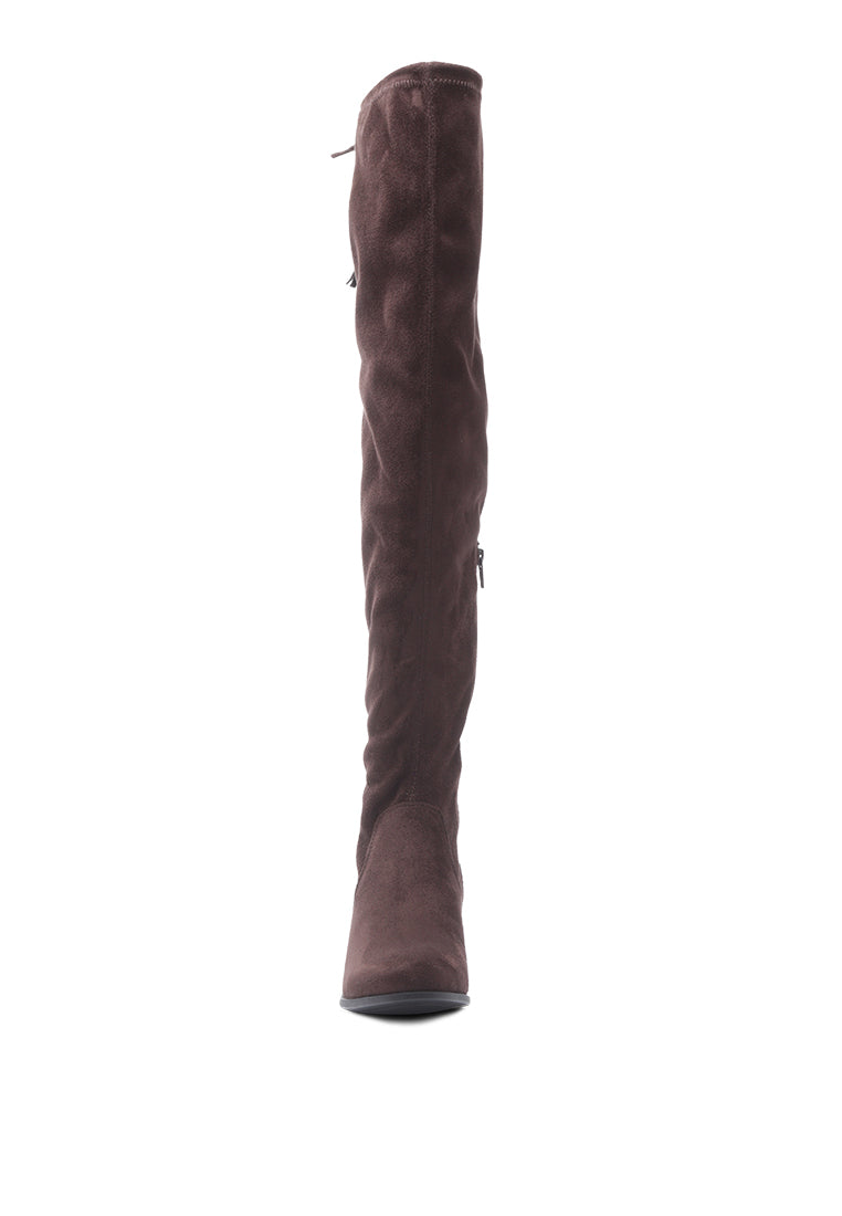 Nople Knee Boots with Drawstring, featuring a stylish knee-length design, low heels, and adjustable drawstring for a comfortable fit.