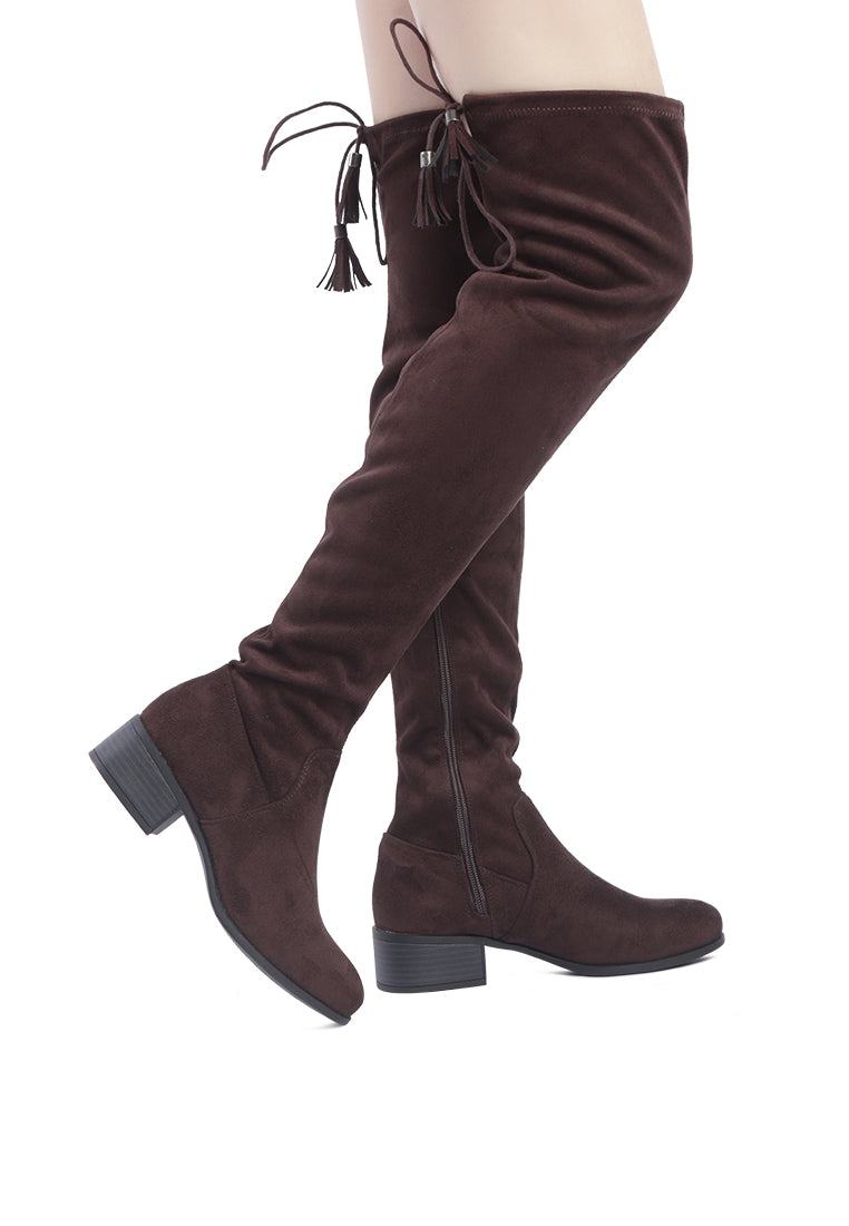 Nople Knee Boots with Drawstring, featuring a stylish knee-length design, low heels, and adjustable drawstring for a comfortable fit.