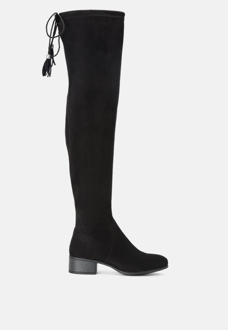 Nople Knee Boots with Drawstring, featuring a stylish knee-length design, low heels, and adjustable drawstring for a comfortable fit.