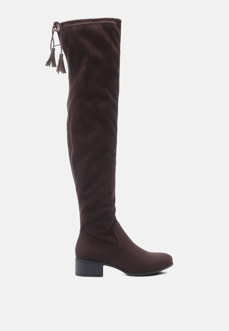 Nople Knee Boots with Drawstring, featuring a stylish knee-length design, low heels, and adjustable drawstring for a comfortable fit.