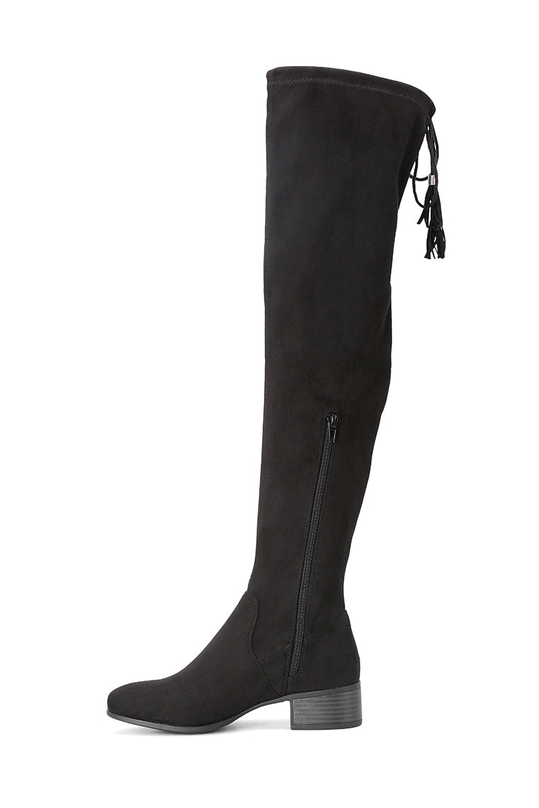 Nople Knee Boots with Drawstring, featuring a stylish knee-length design, low heels, and adjustable drawstring for a comfortable fit.