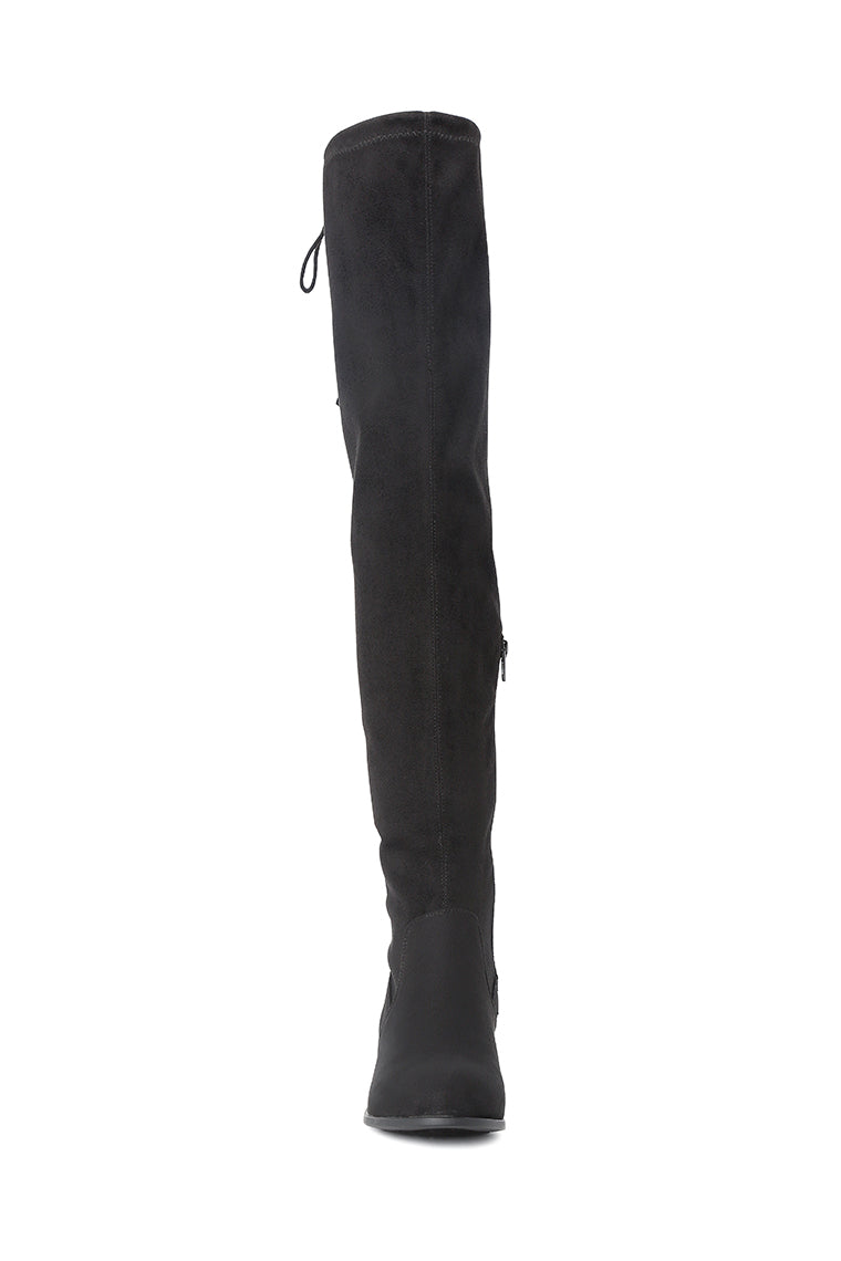 Nople Knee Boots with Drawstring, featuring a stylish knee-length design, low heels, and adjustable drawstring for a comfortable fit.