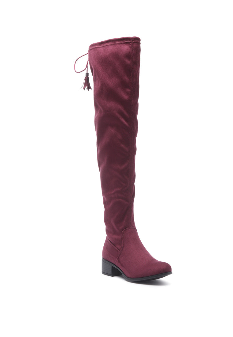 Nople Knee Boots with Drawstring, featuring a stylish knee-length design, low heels, and adjustable drawstring for a comfortable fit.