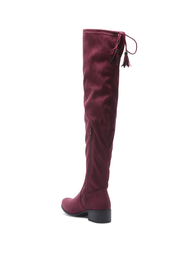 Nople Knee Boots with Drawstring, featuring a stylish knee-length design, low heels, and adjustable drawstring for a comfortable fit.