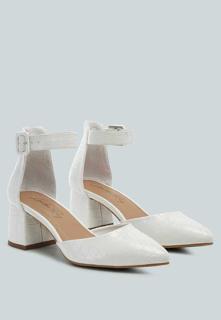 Nymph Faux Leather Low Block Heel Sandals featuring a pointed toe and ankle strap design, perfect for casual and work settings.