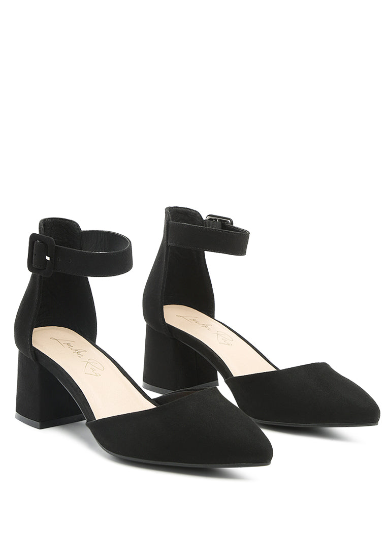 Nymph Faux Leather Low Block Heel Sandals featuring a pointed toe and ankle strap design, perfect for casual and work settings.