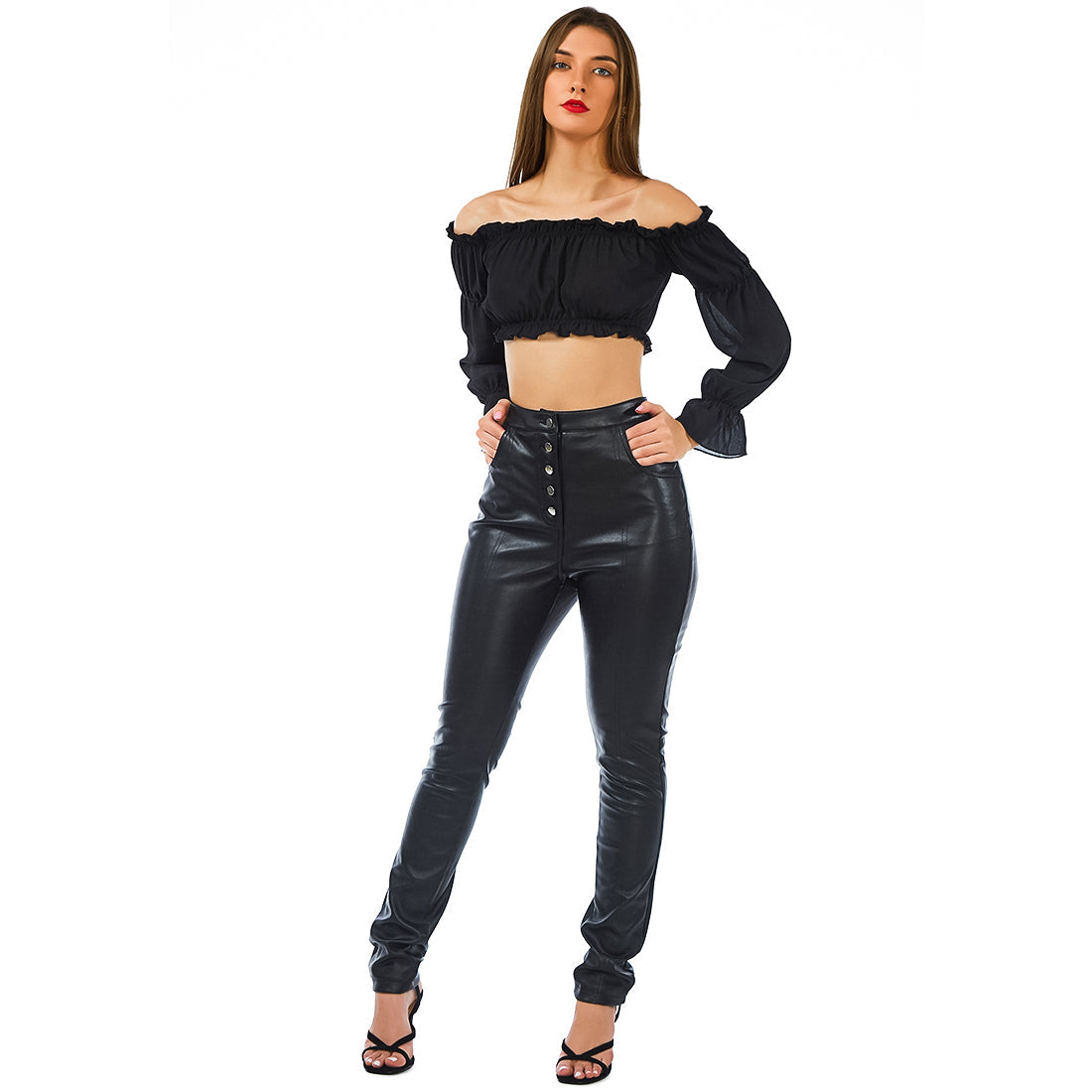 A stylish Off Shoulder Crop Top with puffed sleeves and elasticated bands, perfect for a trendy look.