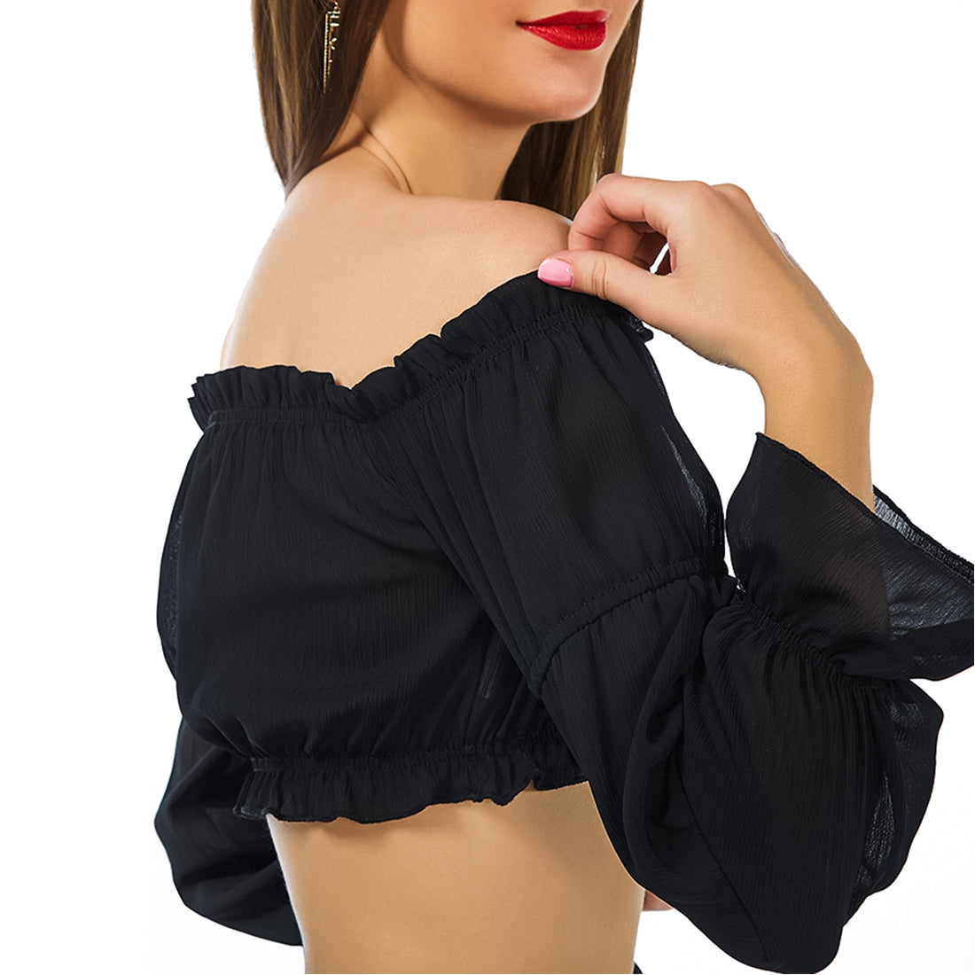 A stylish Off Shoulder Crop Top with puffed sleeves and elasticated bands, perfect for a trendy look.