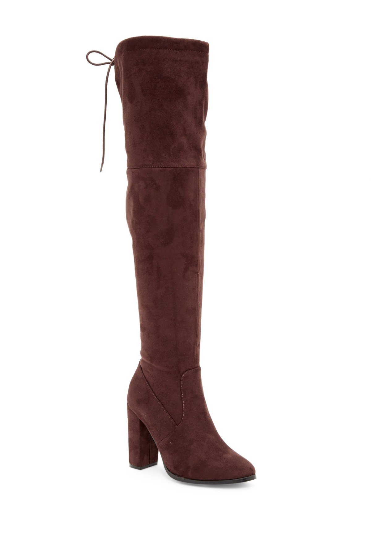 OLYGMAGEN over-the-knee boots featuring a vegan suede upper and a stylish 4-inch heel.