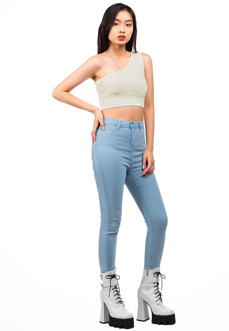 One Shoulder Knitted Crop Top in various colors, showcasing its trendy design and breathable cotton fabric.