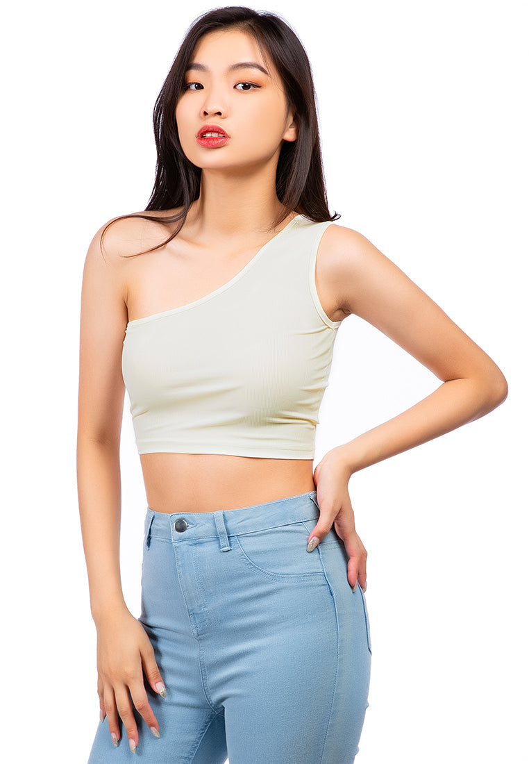 One Shoulder Knitted Crop Top in various colors, showcasing its trendy design and breathable cotton fabric.