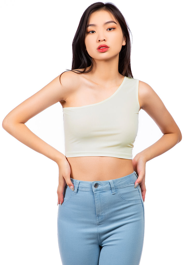 One Shoulder Knitted Crop Top in various colors, showcasing its trendy design and breathable cotton fabric.