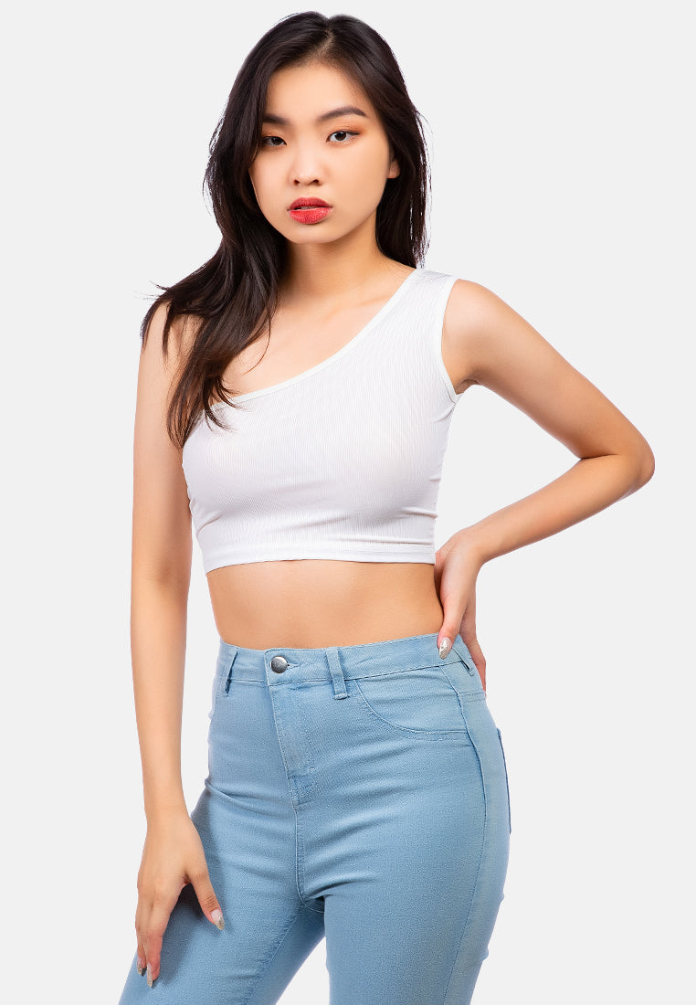 One Shoulder Knitted Crop Top in various colors, showcasing its trendy design and breathable cotton fabric.