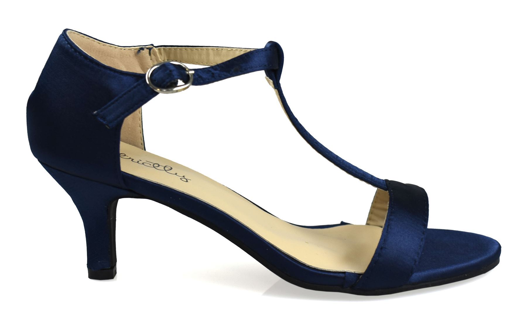 Elegant navy open toe satin sandals with a sleek design, perfect for formal occasions.