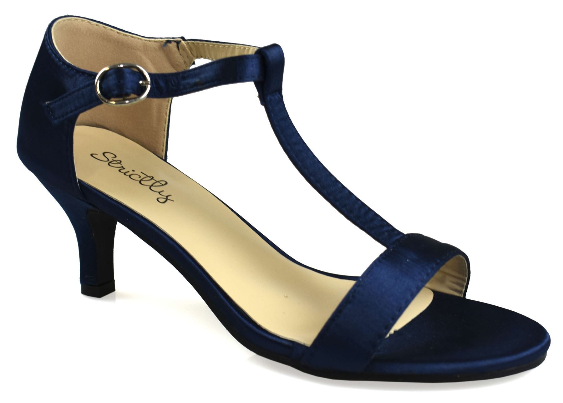 Elegant navy open toe satin sandals with a sleek design, perfect for formal occasions.