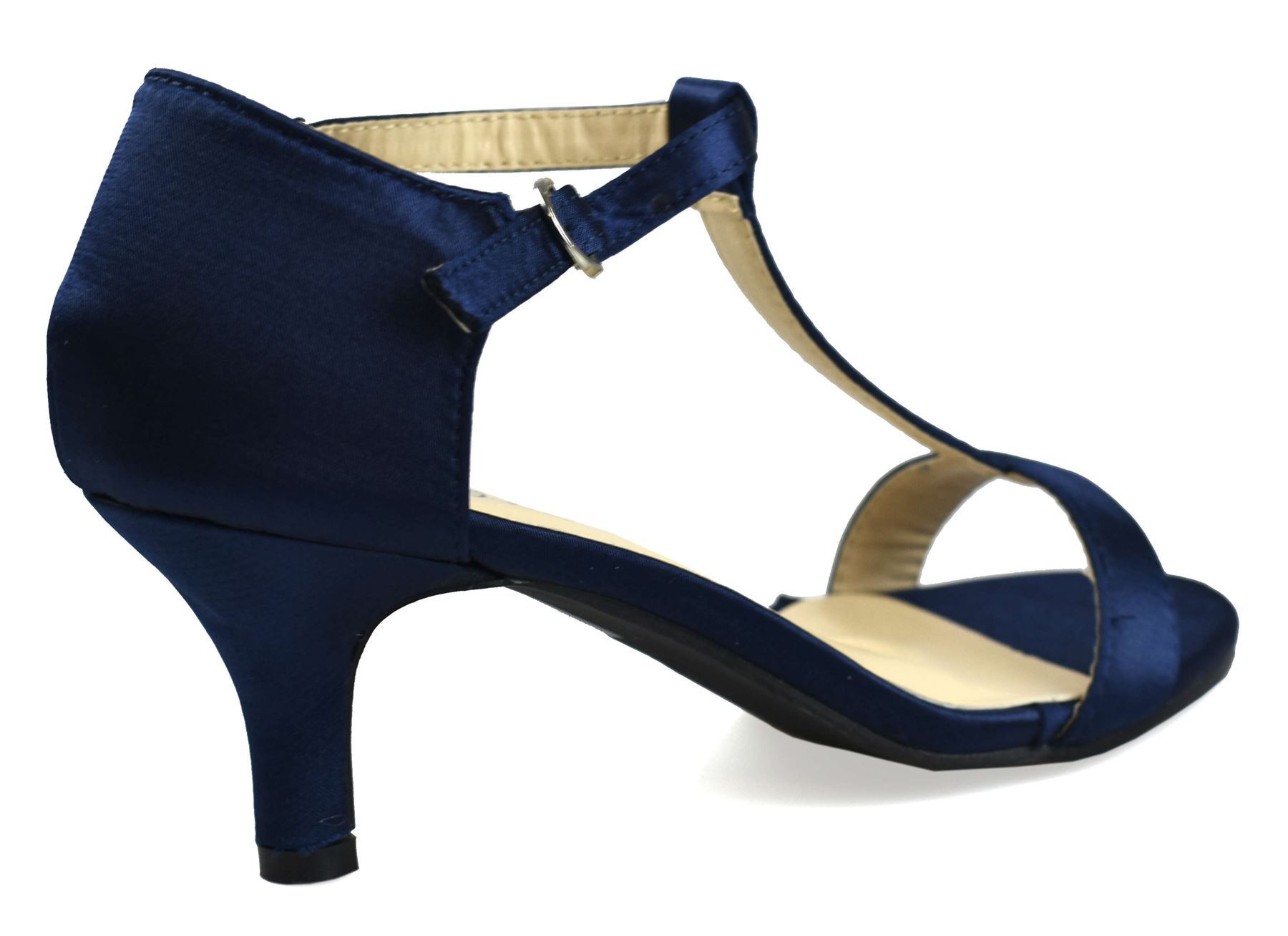 Elegant navy open toe satin sandals with a sleek design, perfect for formal occasions.