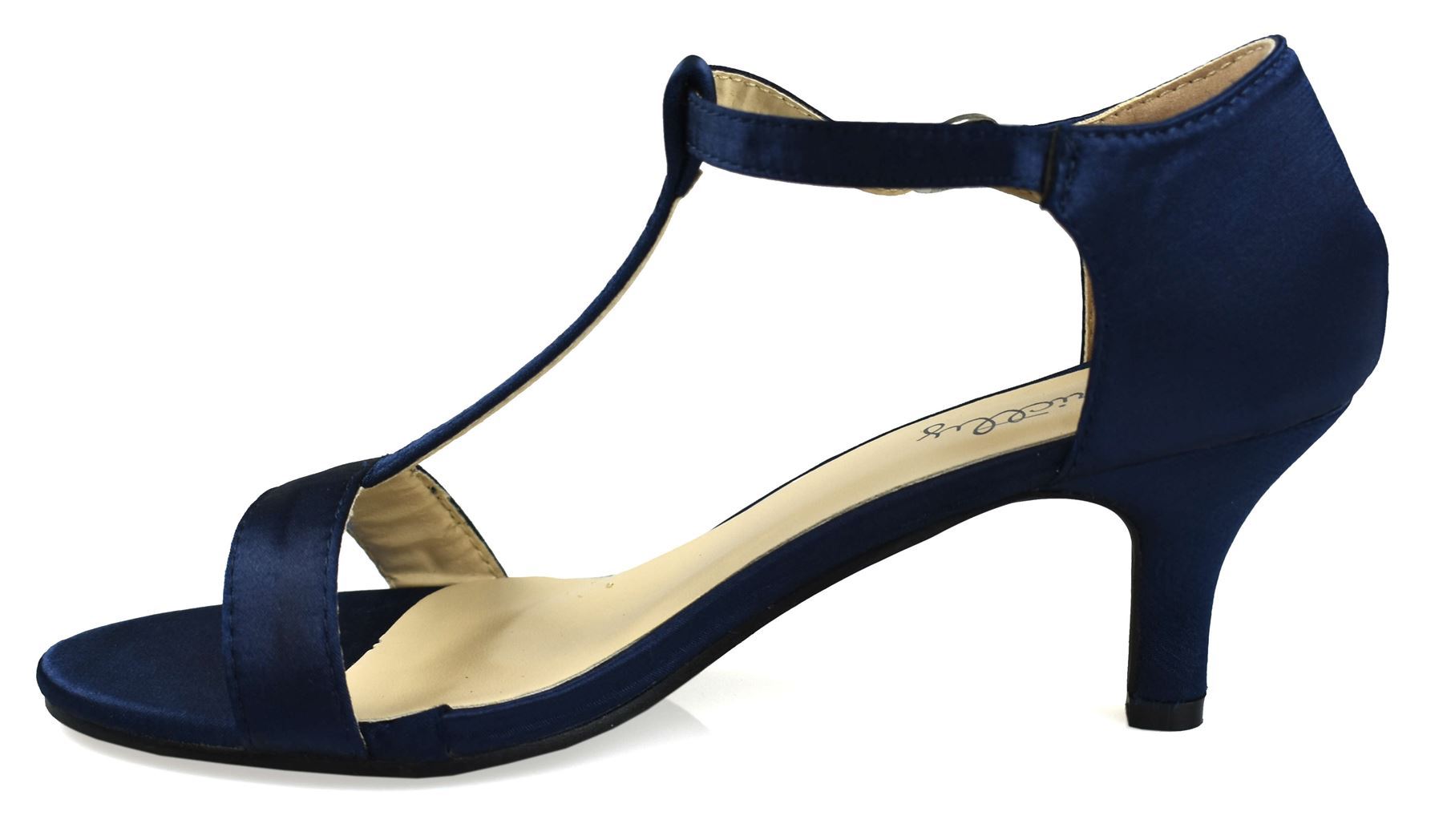 Elegant navy open toe satin sandals with a sleek design, perfect for formal occasions.