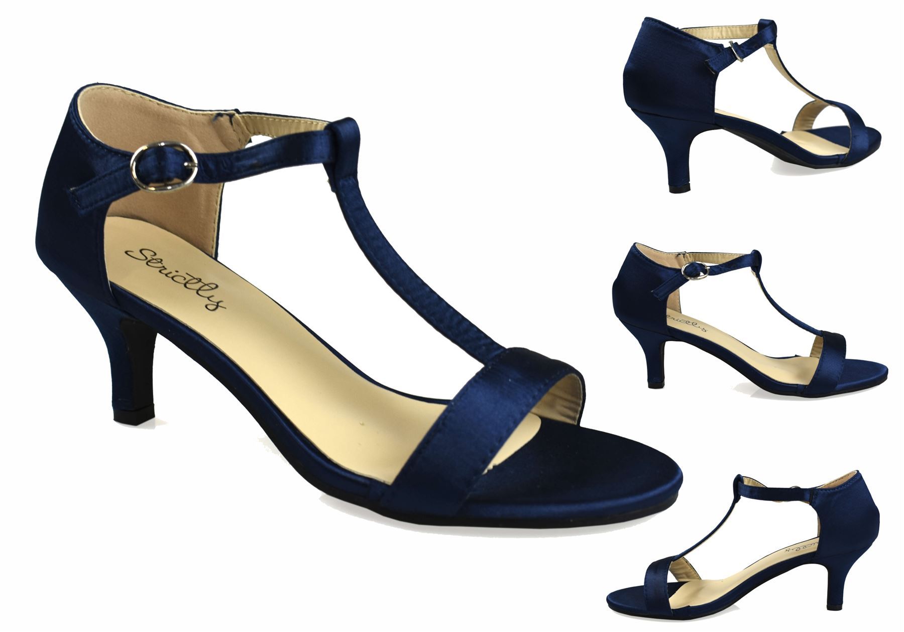 Elegant navy open toe satin sandals with a sleek design, perfect for formal occasions.