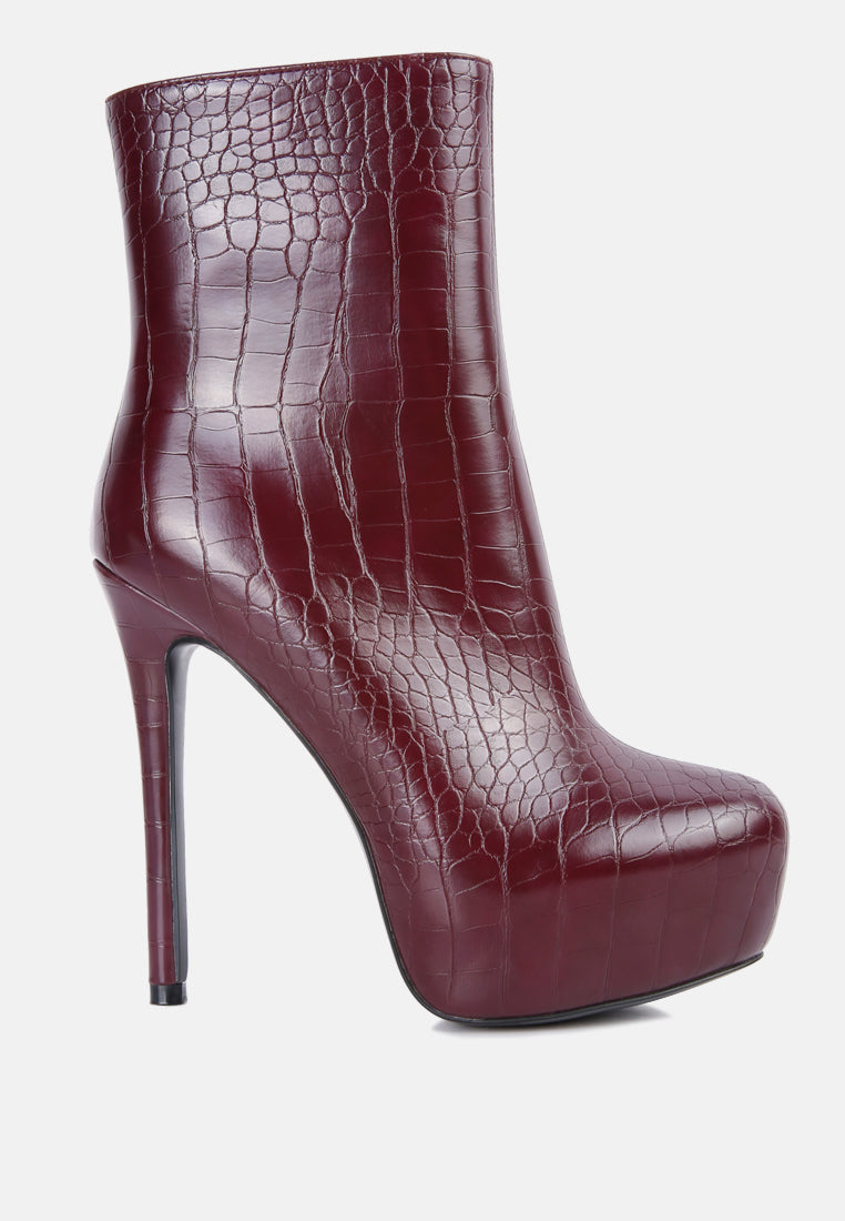 Orion High Heeled Croc Ankle Boot featuring a chic croc texture, almond toe, and stiletto heels, perfect for stylish outfits.