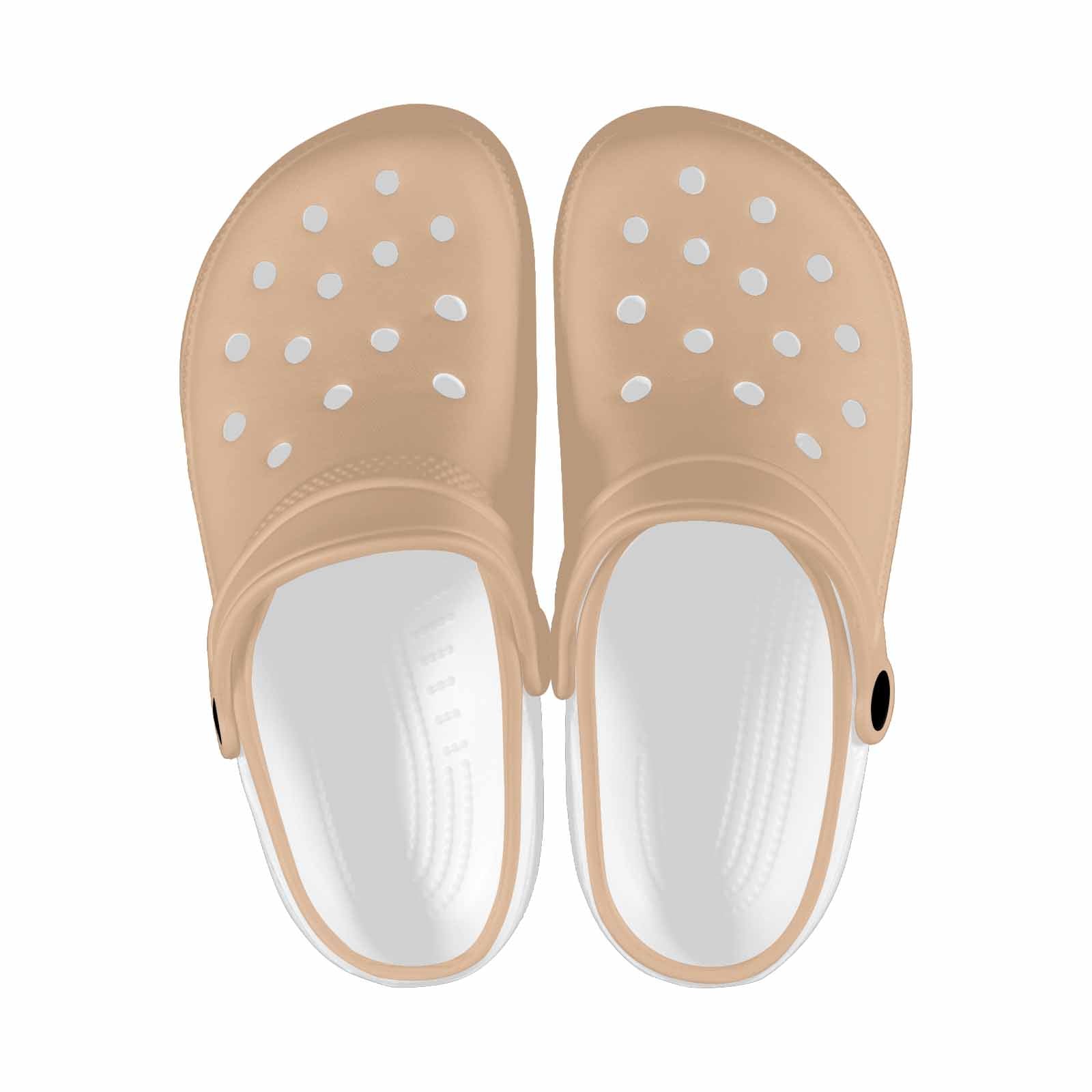 Pale brown custom print adults clogs featuring ventilation ports and pivoting heel straps for comfort and style.