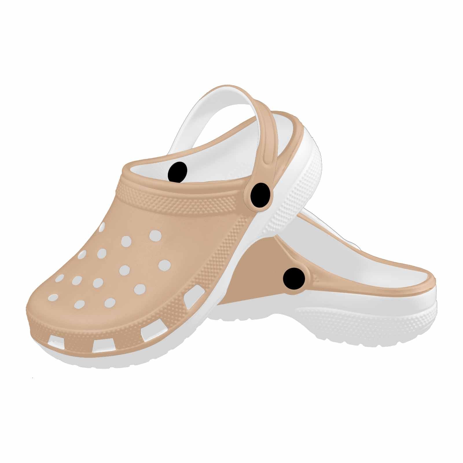 Pale brown custom print adults clogs featuring ventilation ports and pivoting heel straps for comfort and style.