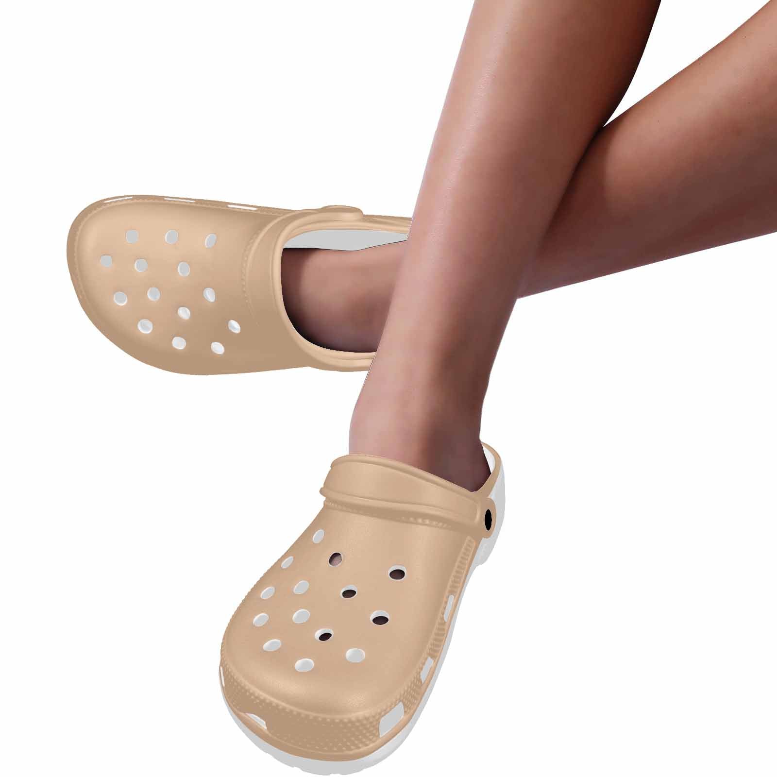 Pale brown custom print adults clogs featuring ventilation ports and pivoting heel straps for comfort and style.